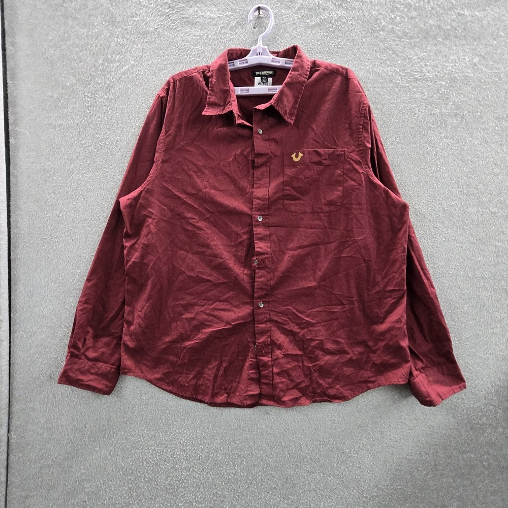 True Religion Men Button Up Shirt XL Dark Burgundy Embroidered Buddha Guitar